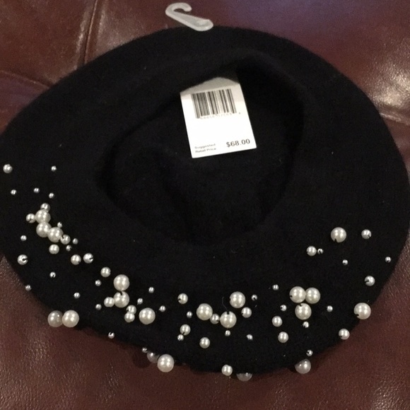 Black winter hat with faux pearls